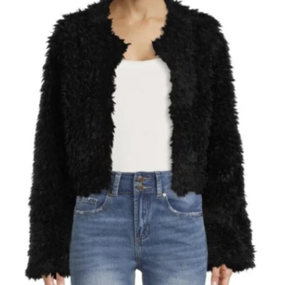 Madden NYC Black Faux Fur Fuzzy Cropped Jacket Size S - Picture 1 of 10